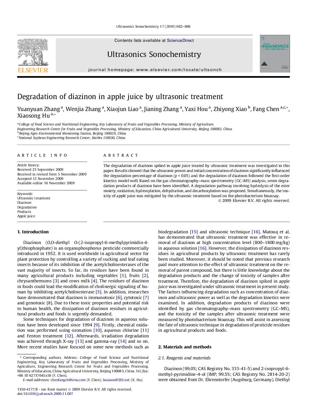 Degradation of diazinon in apple juice by ultrasonic treatment