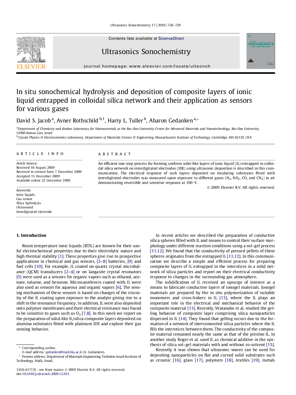 In situ sonochemical hydrolysis and deposition of composite layers of ionic liquid entrapped in colloidal silica network and their application as sensors for various gases