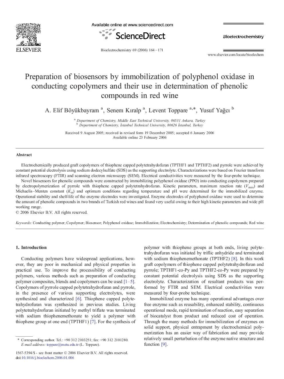 عکس صفحه اول مقاله: Preparation of biosensors by immobilization of polyphenol oxidase in conducting copolymers and their use in determination of phenolic compounds in red wine Preparation of biosensors by immobilization of polyphenol oxidase in conducting copolymers and their use in determination of phenolic compounds in red wine