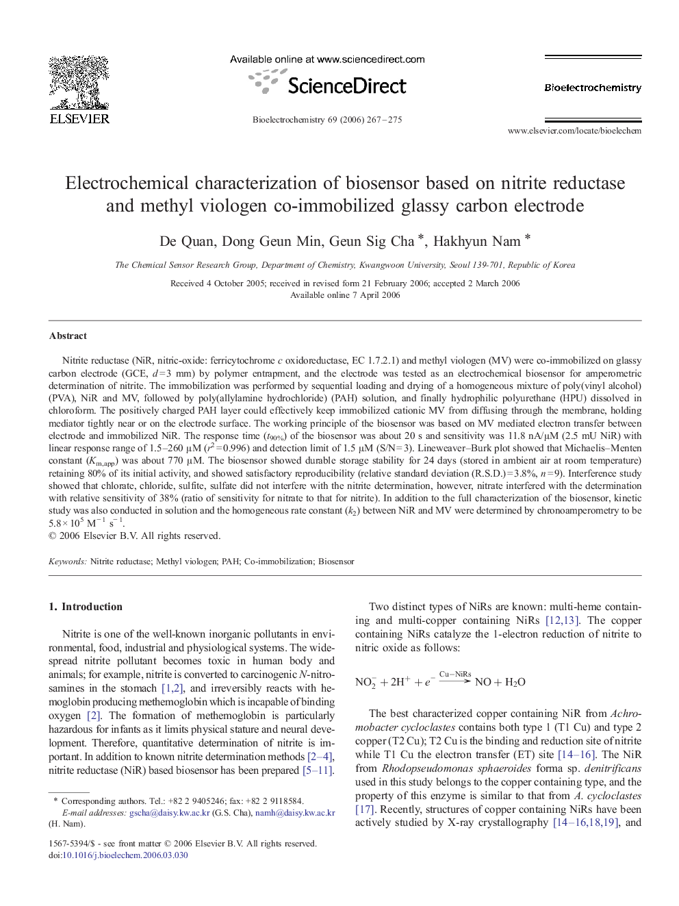 Electrochemical characterization of biosensor based on nitrite reductase and methyl viologen co-immobilized glassy carbon electrode