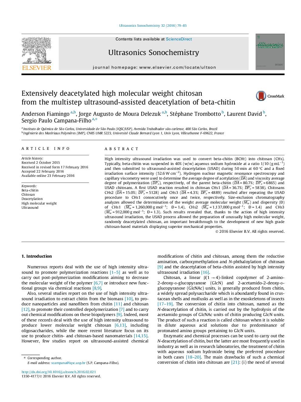 Extensively deacetylated high molecular weight chitosan from the multistep ultrasound-assisted deacetylation of beta-chitin