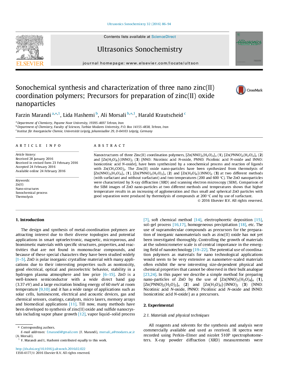 Sonochemical synthesis and characterization of three nano zinc(II) coordination polymers; Precursors for preparation of zinc(II) oxide nanoparticles