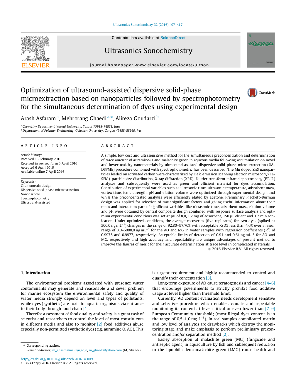 Optimization of ultrasound-assisted dispersive solid-phase microextraction based on nanoparticles followed by spectrophotometry for the simultaneous determination of dyes using experimental design