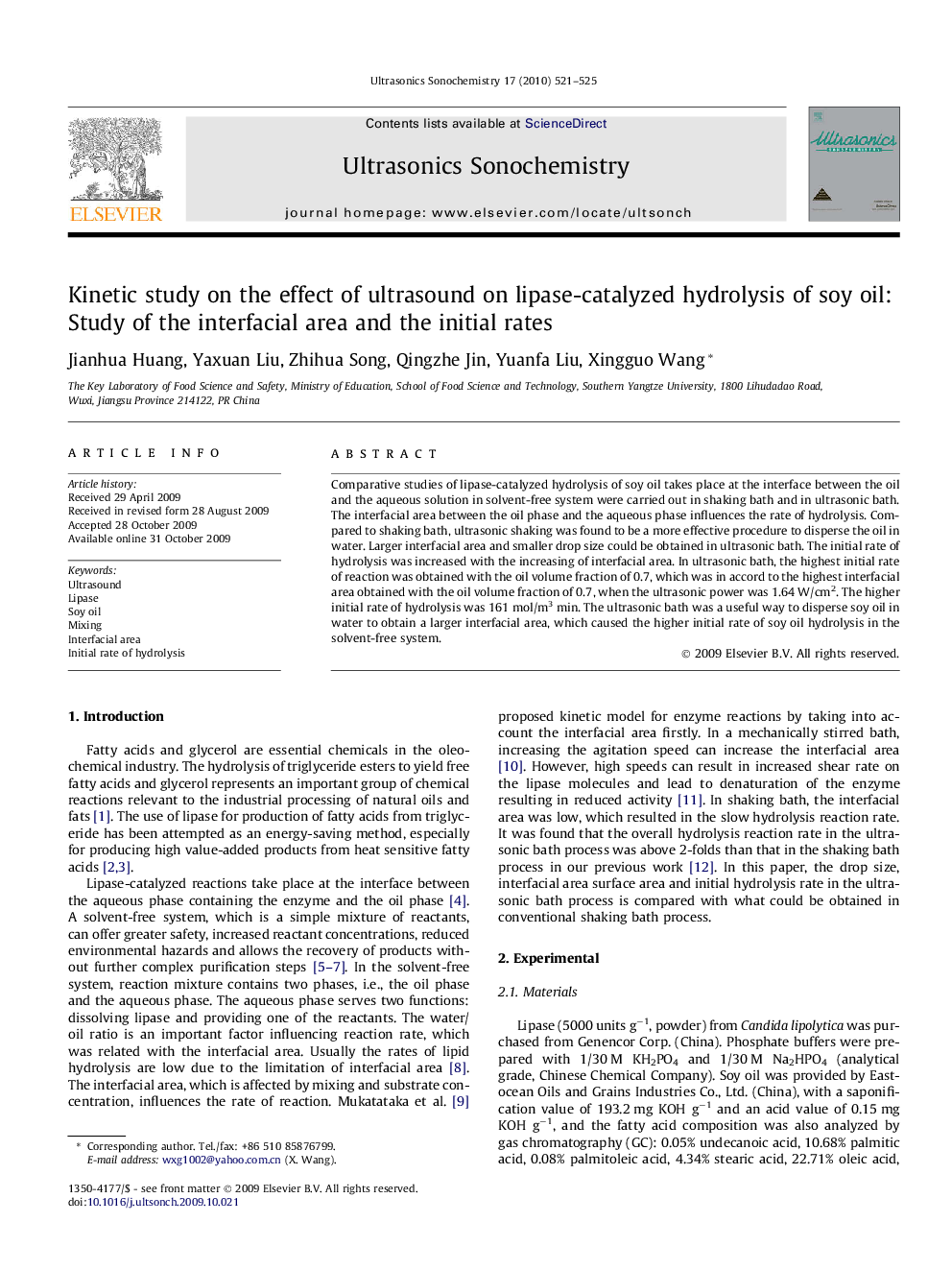 Kinetic study on the effect of ultrasound on lipase-catalyzed hydrolysis of soy oil: Study of the interfacial area and the initial rates