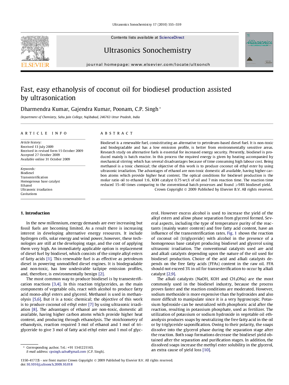 Fast, easy ethanolysis of coconut oil for biodiesel production assisted by ultrasonication