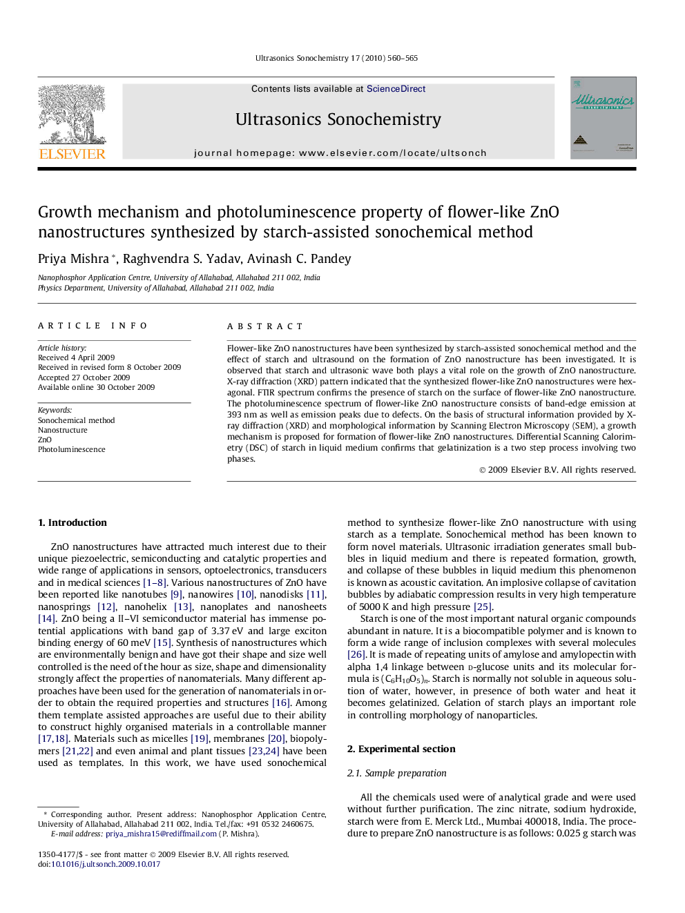 Growth mechanism and photoluminescence property of flower-like ZnO nanostructures synthesized by starch-assisted sonochemical method