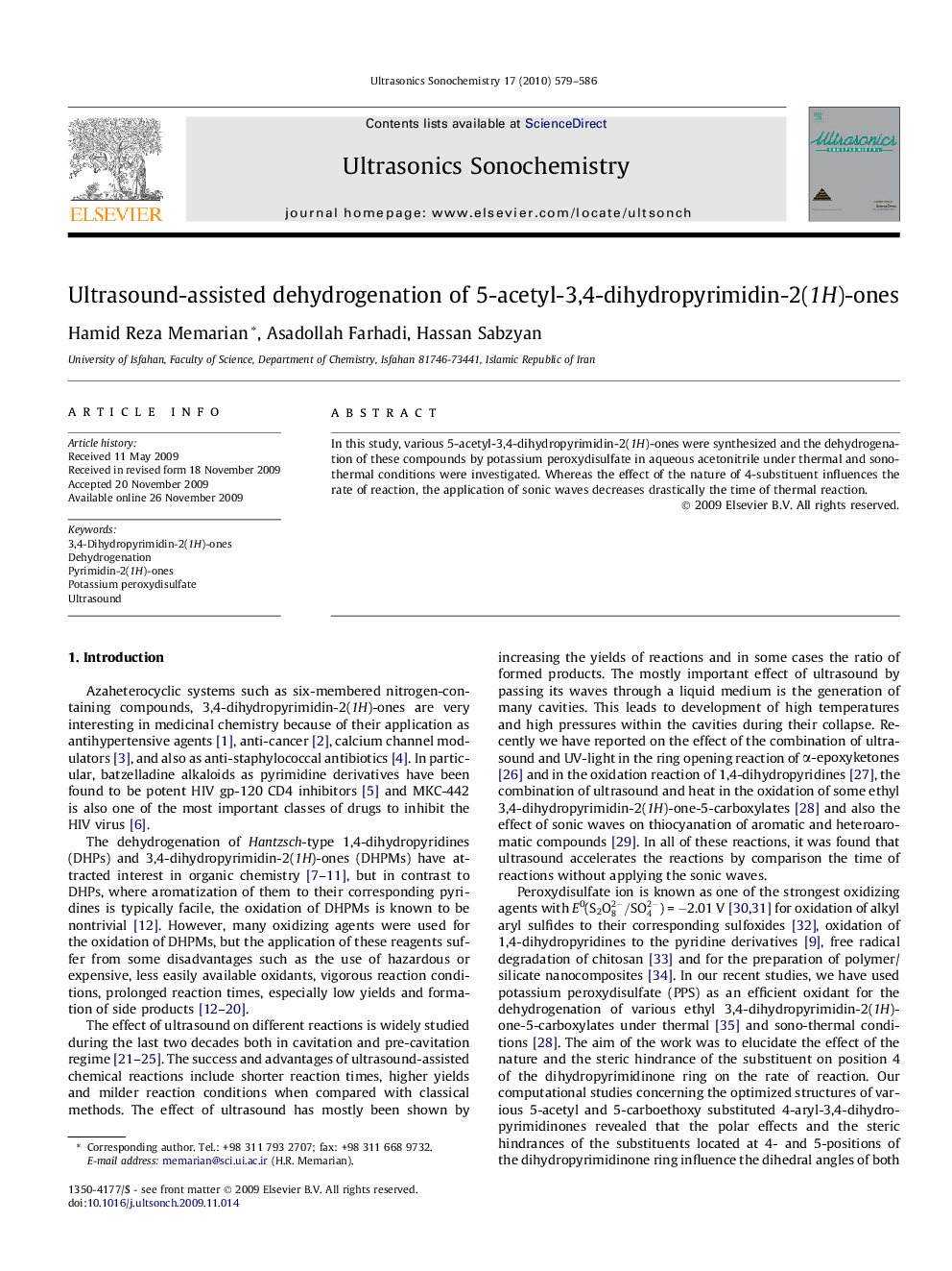 Ultrasound-assisted dehydrogenation of 5-acetyl-3,4-dihydropyrimidin-2(1H)-ones