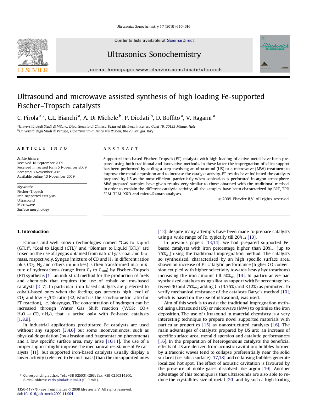 Ultrasound and microwave assisted synthesis of high loading Fe-supported Fischer–Tropsch catalysts