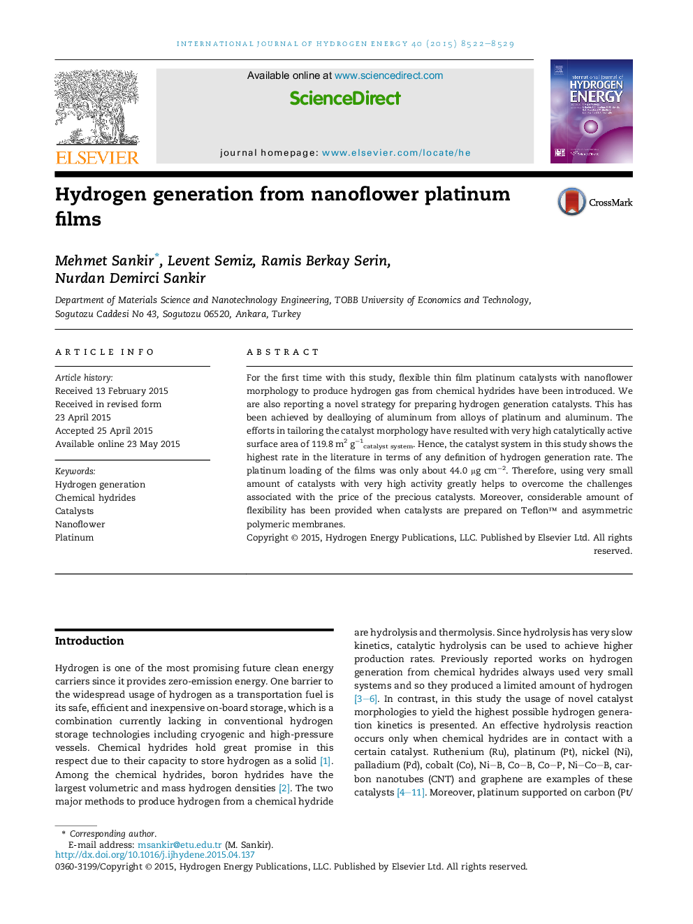 Hydrogen generation from nanoflower platinum films