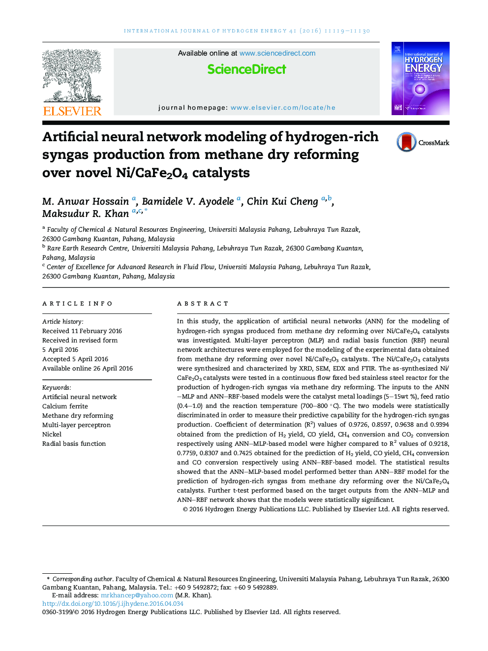 Artificial neural network modeling of hydrogen-rich syngas production from methane dry reforming over novel Ni/CaFe2O4 catalysts