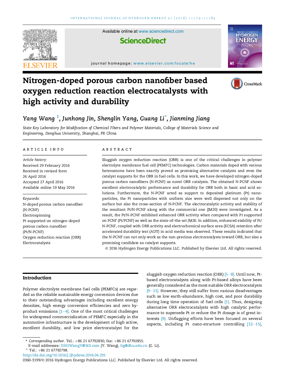 Nitrogen-doped porous carbon nanofiber based oxygen reduction reaction electrocatalysts with high activity and durability