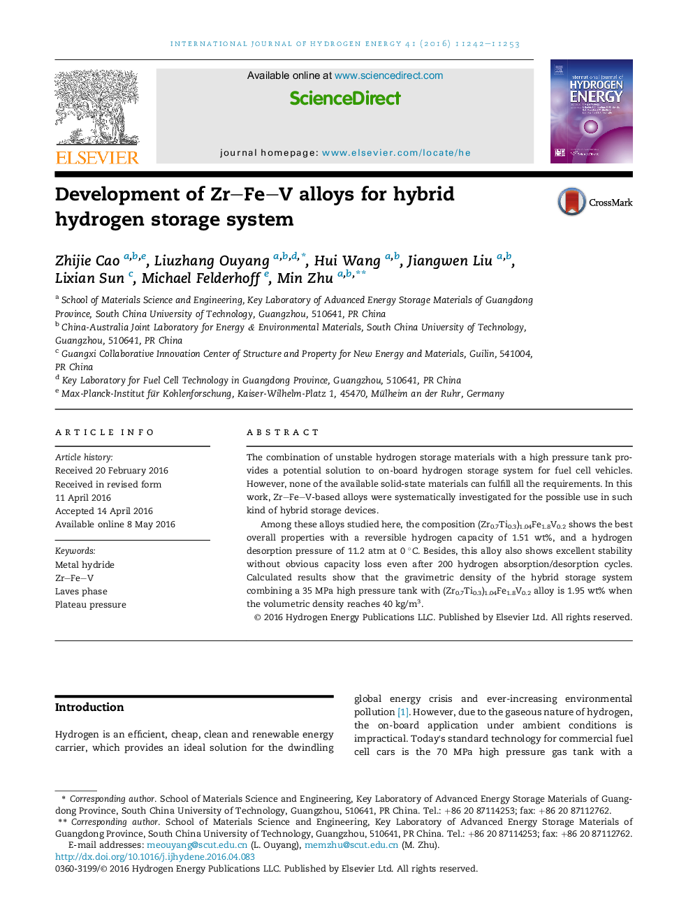 Development of ZrFeV alloys for hybrid hydrogen storage system