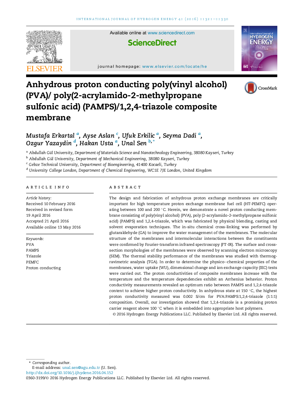 Anhydrous proton conducting poly(vinyl alcohol) (PVA)/ poly(2-acrylamido-2-methylpropane sulfonic acid) (PAMPS)/1,2,4-triazole composite membrane