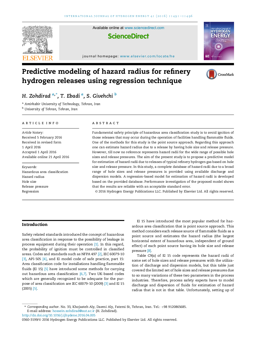 Predictive modeling of hazard radius for refinery hydrogen releases using regression technique