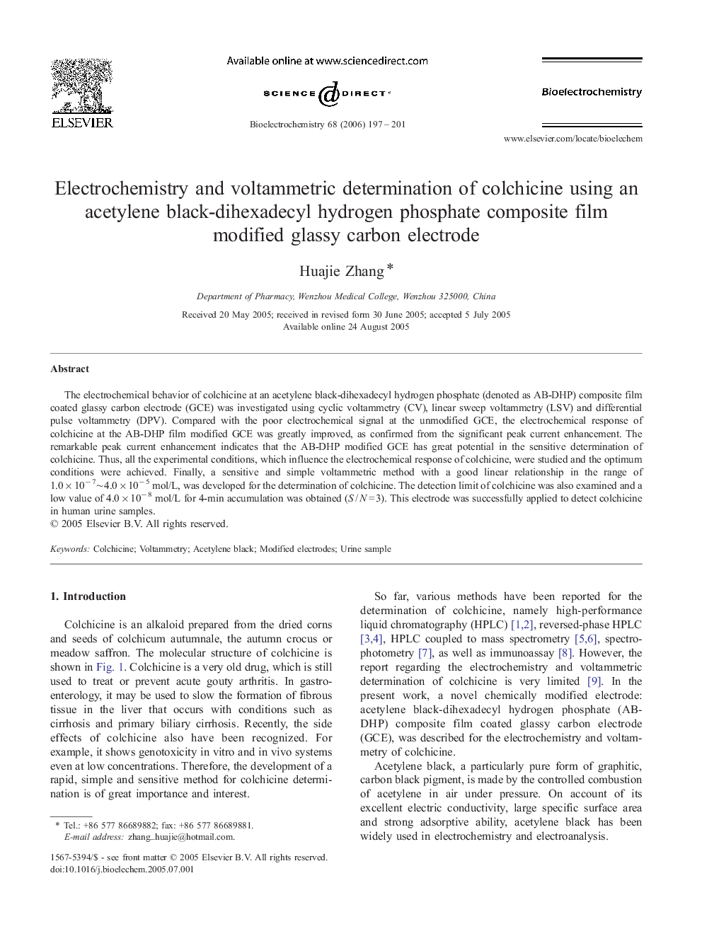 Electrochemistry and voltammetric determination of colchicine using an acetylene black-dihexadecyl hydrogen phosphate composite film modified glassy carbon electrode