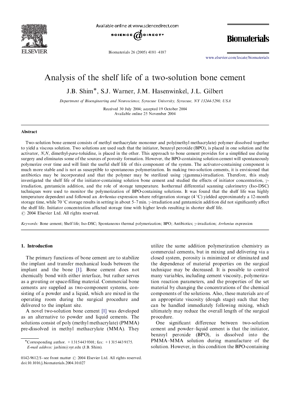 Analysis of the shelf life of a two-solution bone cement