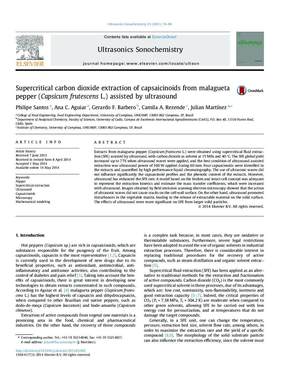 Supercritical carbon dioxide extraction of capsaicinoids from malagueta pepper (Capsicum frutescens L.) assisted by ultrasound