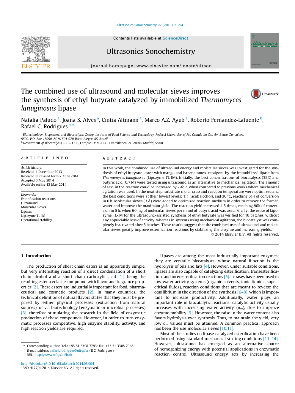 The combined use of ultrasound and molecular sieves improves the synthesis of ethyl butyrate catalyzed by immobilized Thermomyces lanuginosus lipase