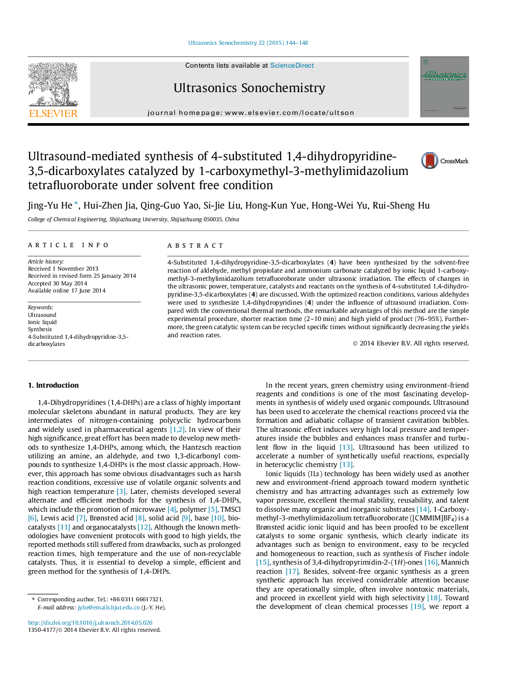 Ultrasound-mediated synthesis of 4-substituted 1,4-dihydropyridine-3,5-dicarboxylates catalyzed by 1-carboxymethyl-3-methylimidazolium tetrafluoroborate under solvent free condition