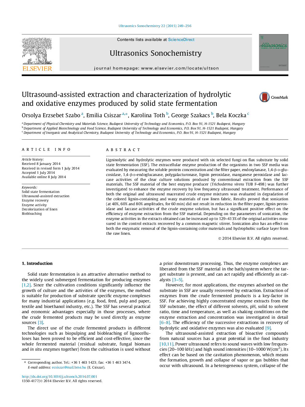 Ultrasound-assisted extraction and characterization of hydrolytic and oxidative enzymes produced by solid state fermentation