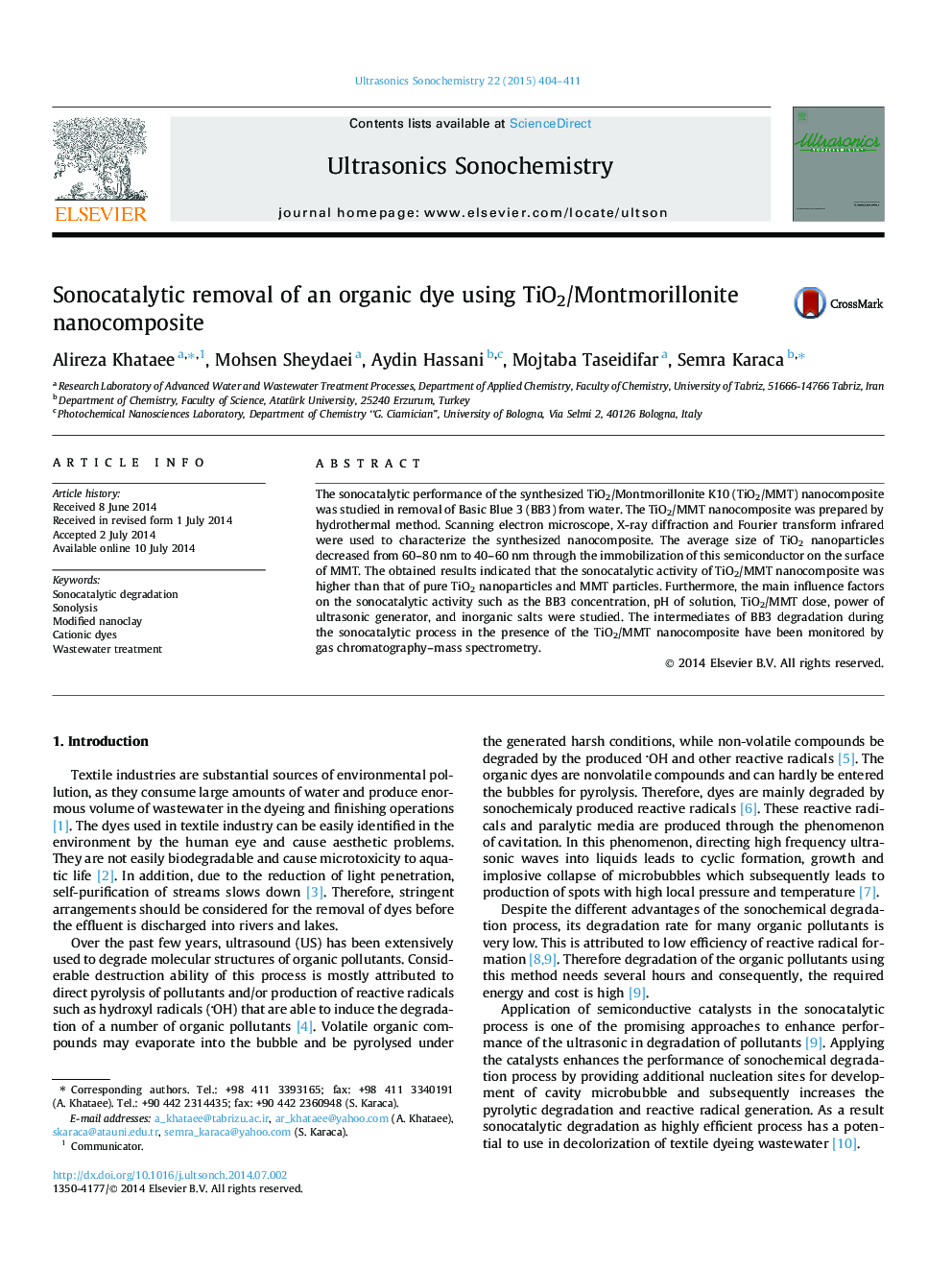 Sonocatalytic removal of an organic dye using TiO2/Montmorillonite nanocomposite