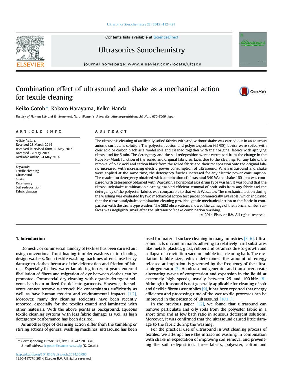 Combination effect of ultrasound and shake as a mechanical action for textile cleaning