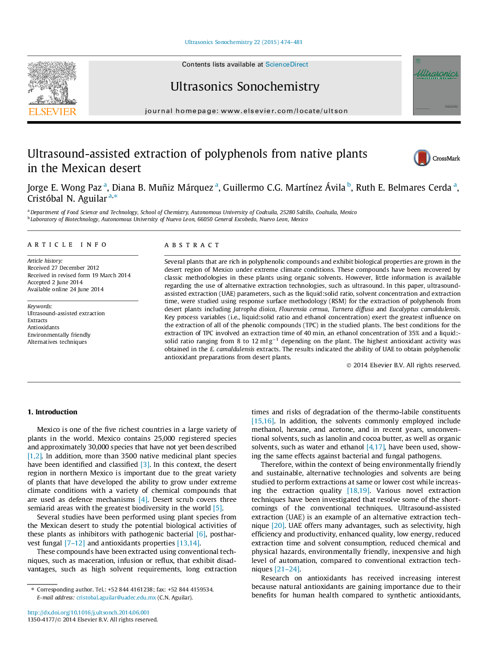 Ultrasound-assisted extraction of polyphenols from native plants in the Mexican desert