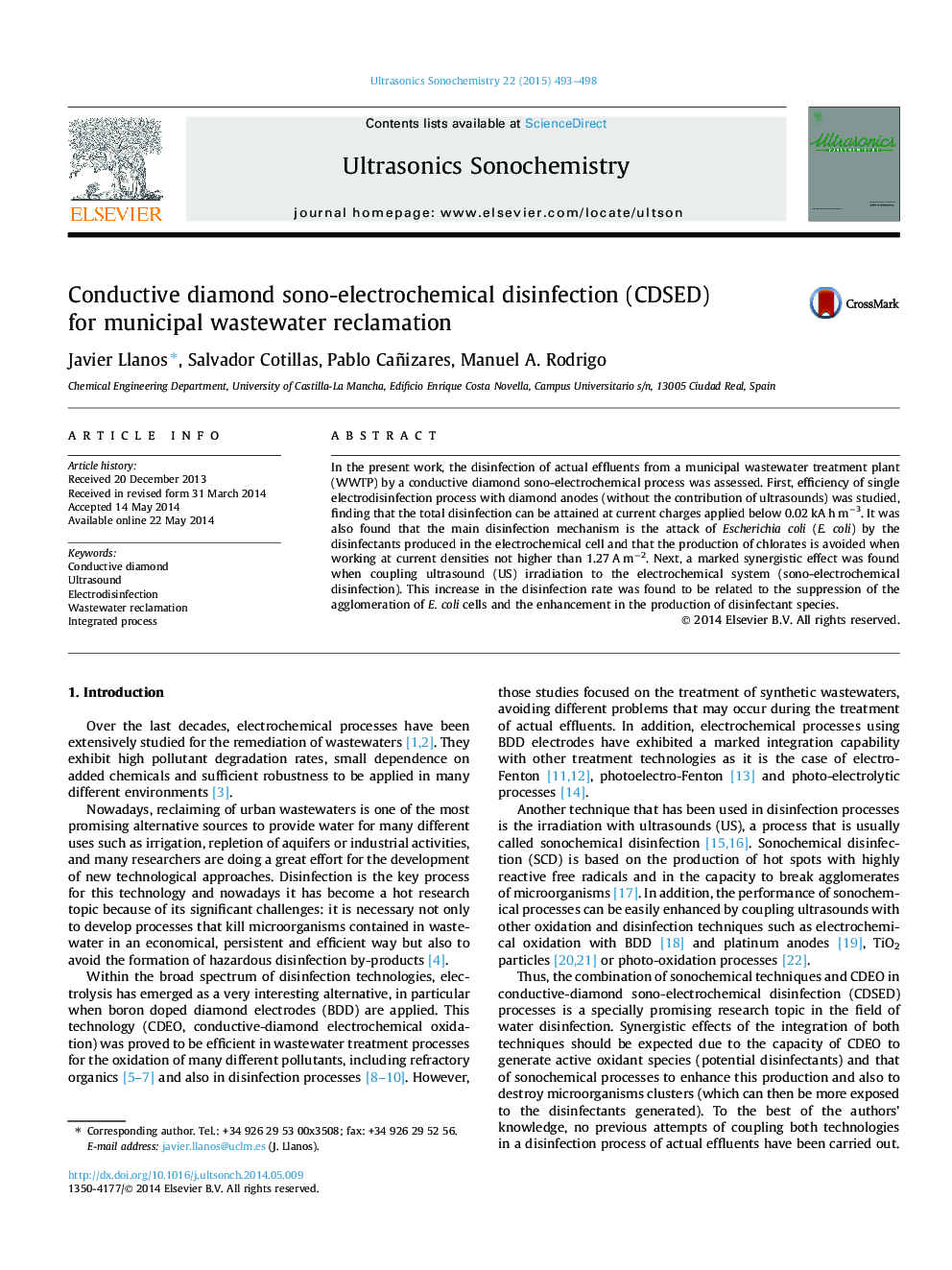 Conductive diamond sono-electrochemical disinfection (CDSED) for municipal wastewater reclamation