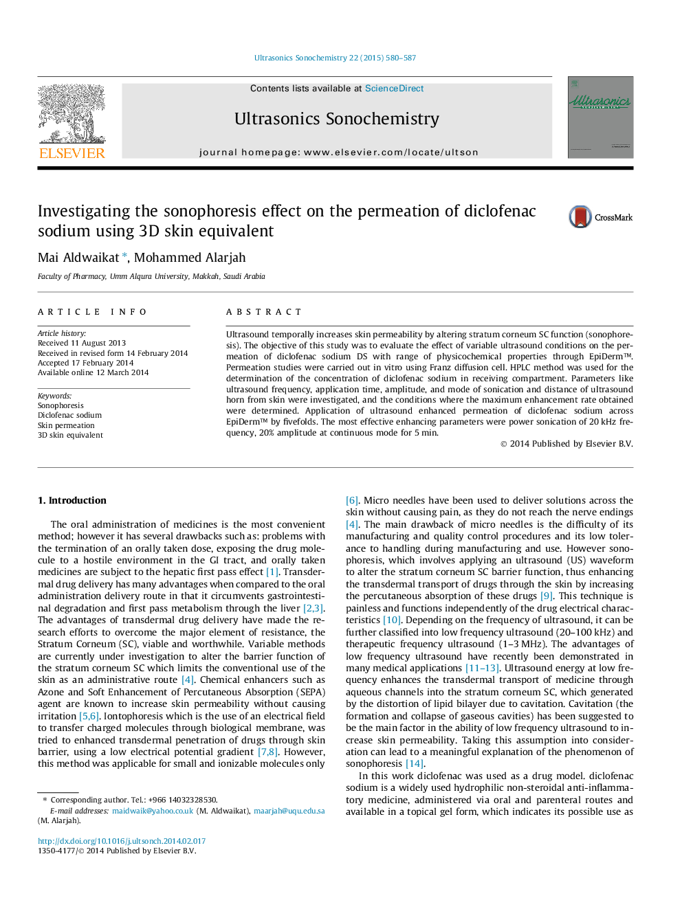 Investigating the sonophoresis effect on the permeation of diclofenac sodium using 3D skin equivalent