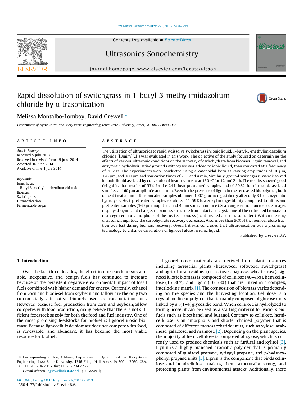 Rapid dissolution of switchgrass in 1-butyl-3-methylimidazolium chloride by ultrasonication