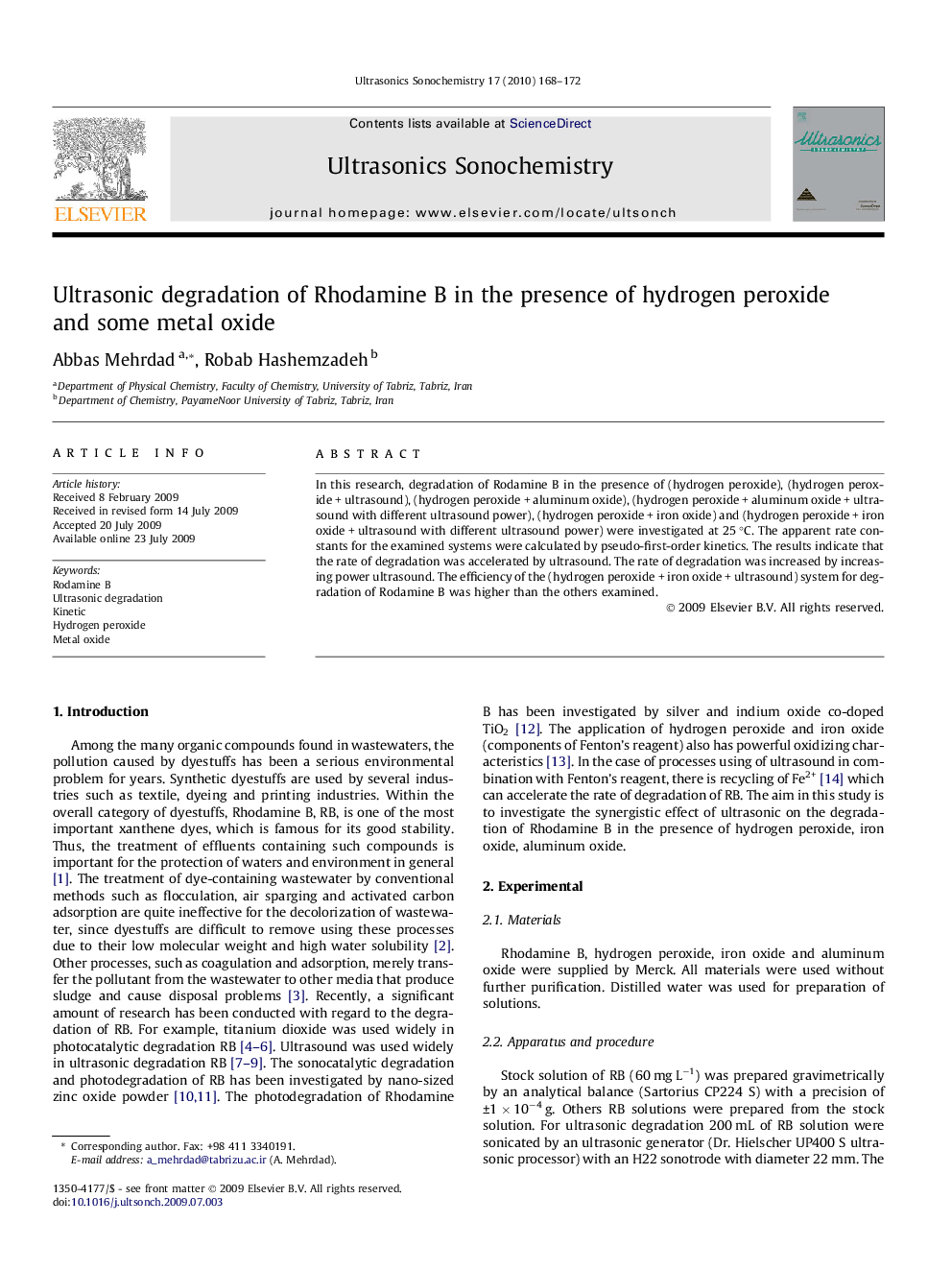 Ultrasonic degradation of Rhodamine B in the presence of hydrogen peroxide and some metal oxide