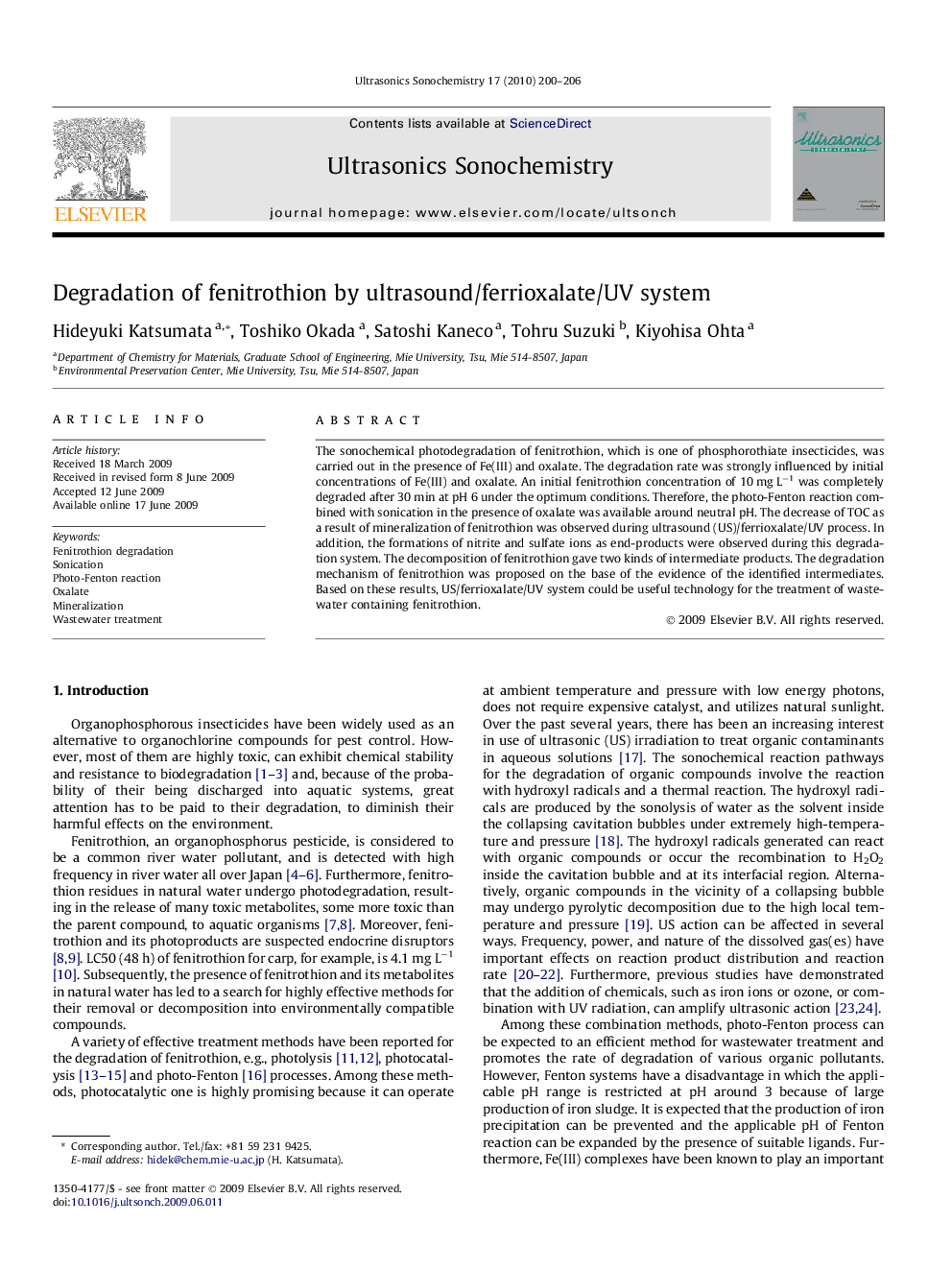 Degradation of fenitrothion by ultrasound/ferrioxalate/UV system