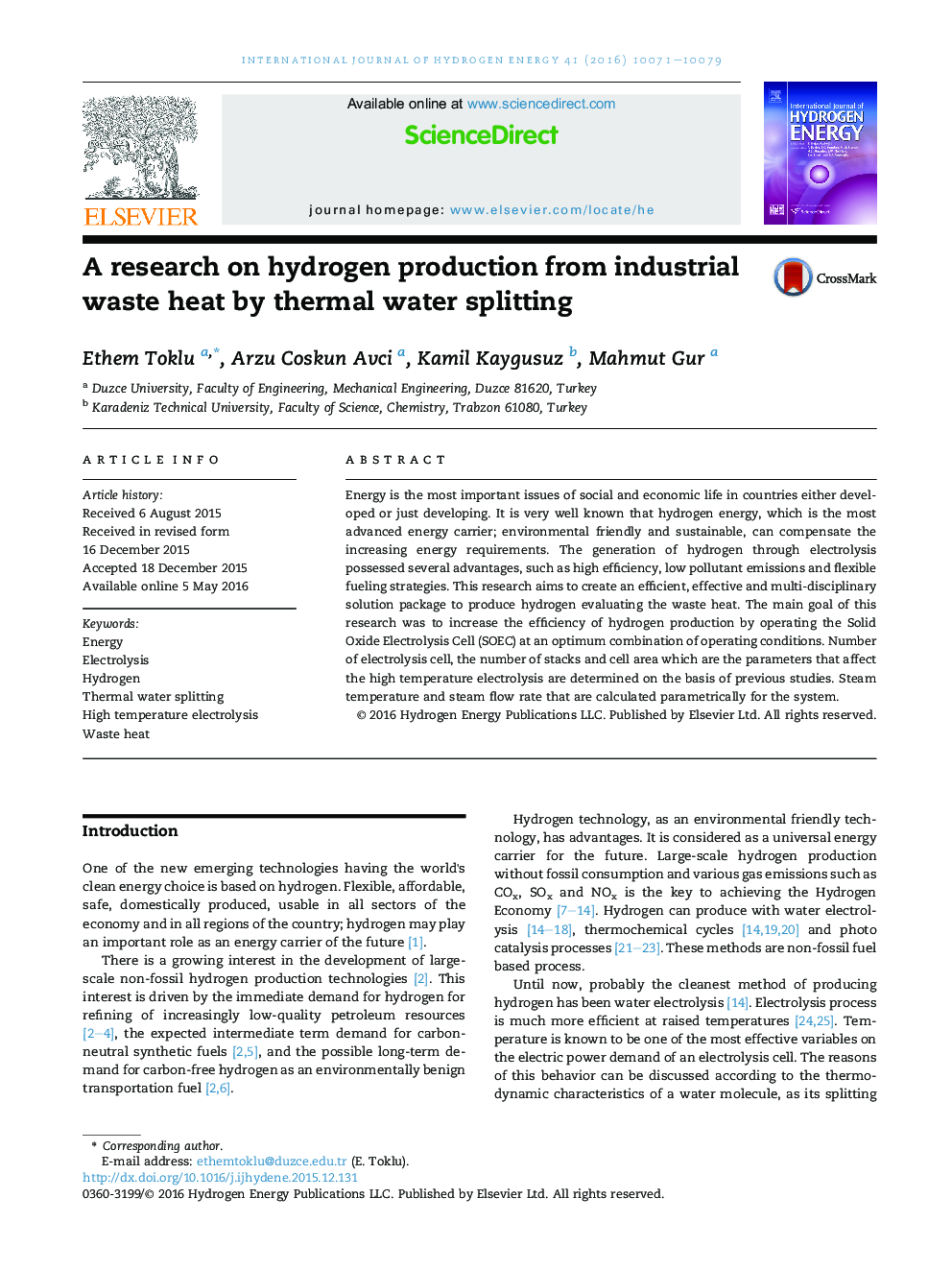 A research on hydrogen production from industrial waste heat by thermal water splitting