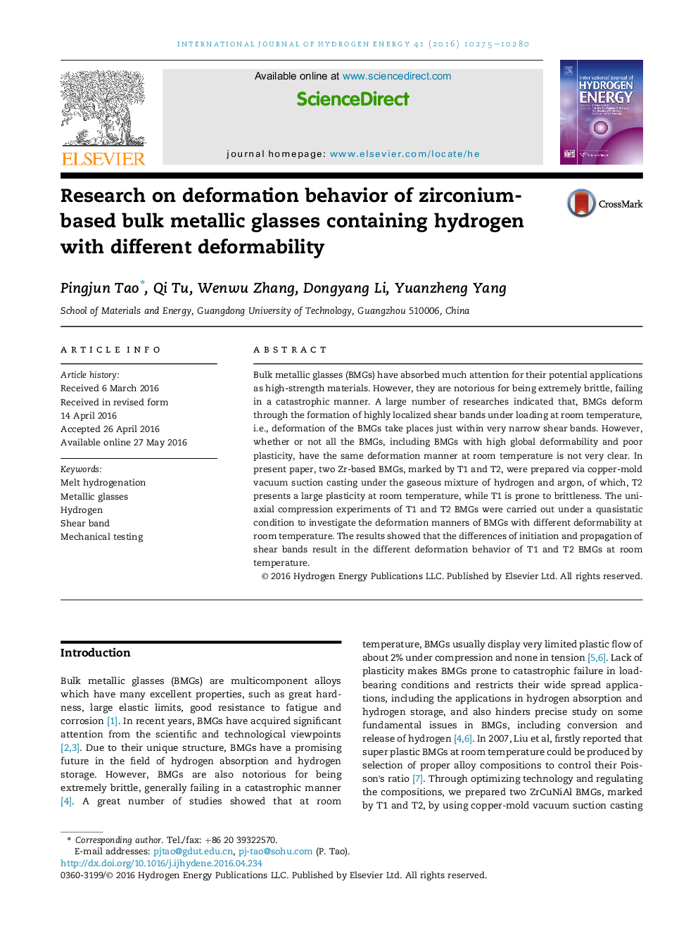 Research on deformation behavior of zirconium-based bulk metallic glasses containing hydrogen with different deformability