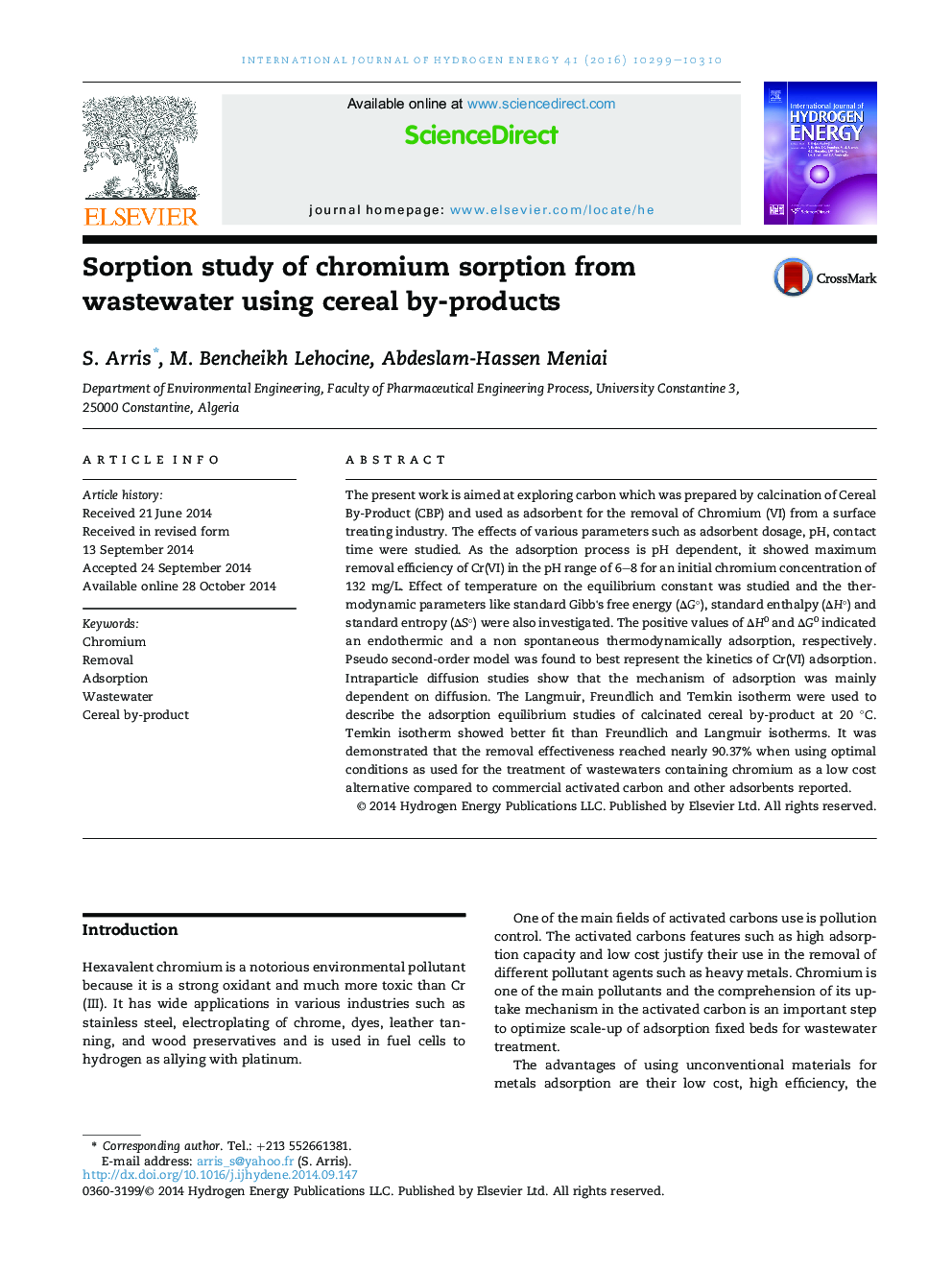 Sorption study of chromium sorption from wastewater using cereal by-products