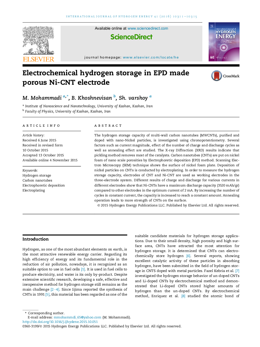 Electrochemical hydrogen storage in EPD made porous Ni-CNT electrode