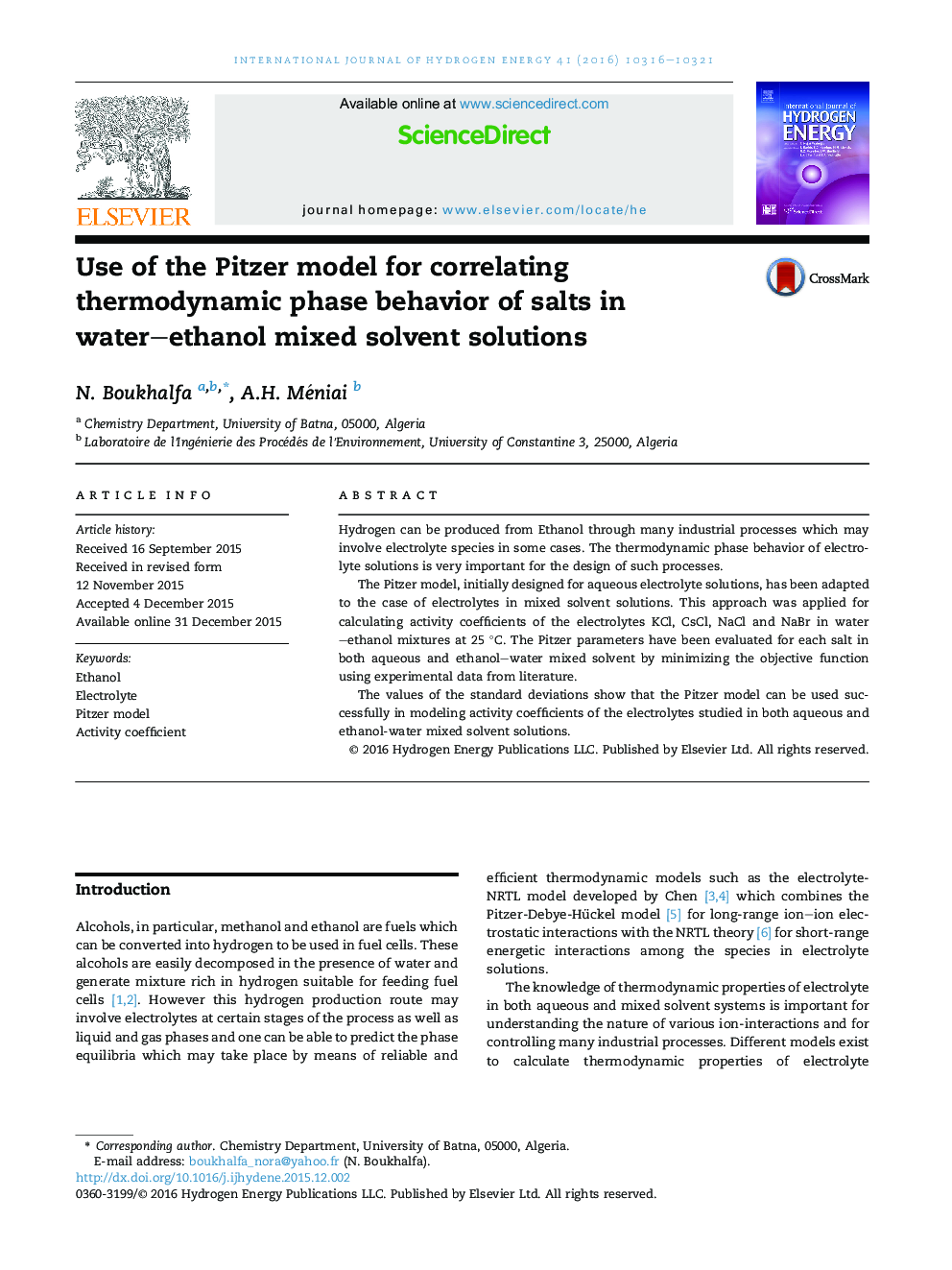 Use of the Pitzer model for correlating thermodynamic phase behavior of salts in water–ethanol mixed solvent solutions