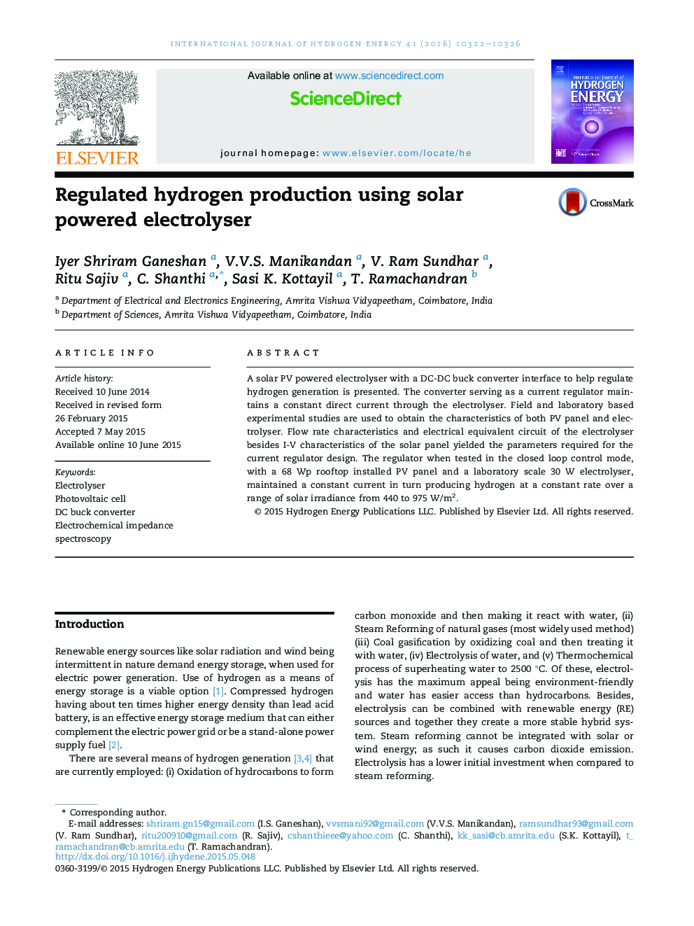 Regulated hydrogen production using solar powered electrolyser