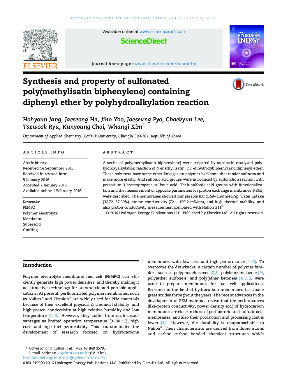 Synthesis and property of sulfonated poly(methylisatin biphenylene) containing diphenyl ether by polyhydroalkylation reaction
