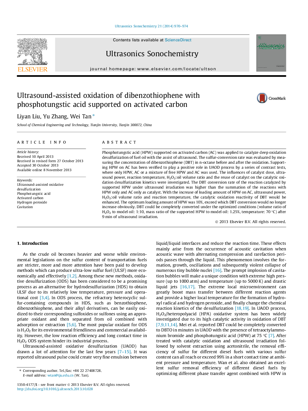 Ultrasound-assisted oxidation of dibenzothiophene with phosphotungstic acid supported on activated carbon