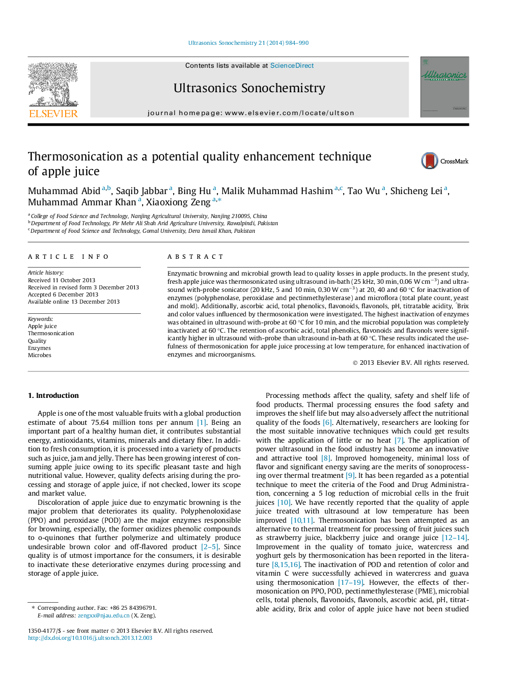 Thermosonication as a potential quality enhancement technique of apple juice