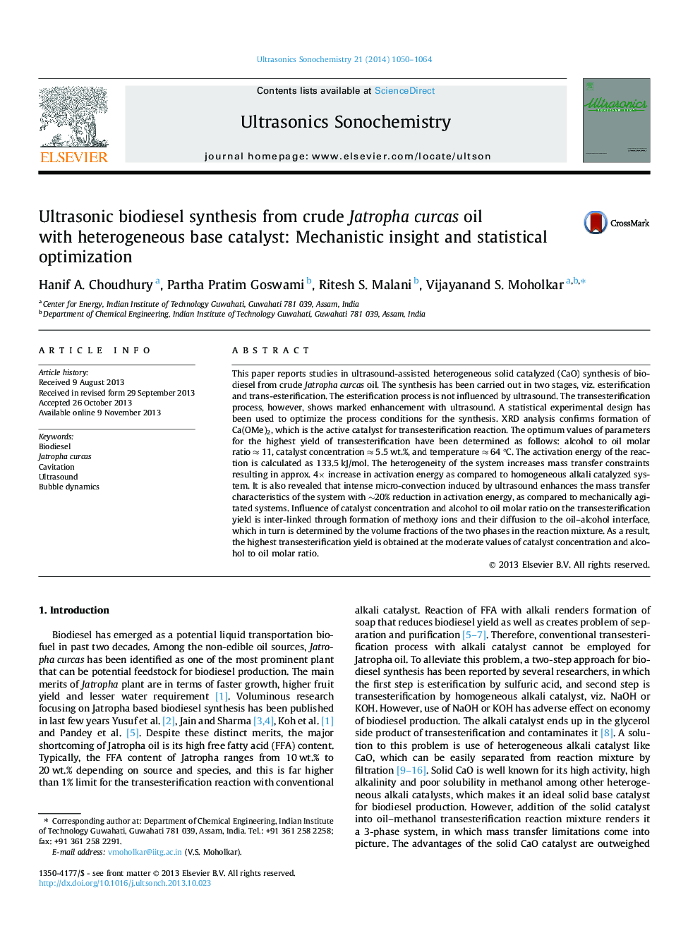 Ultrasonic biodiesel synthesis from crude Jatropha curcas oil with heterogeneous base catalyst: Mechanistic insight and statistical optimization