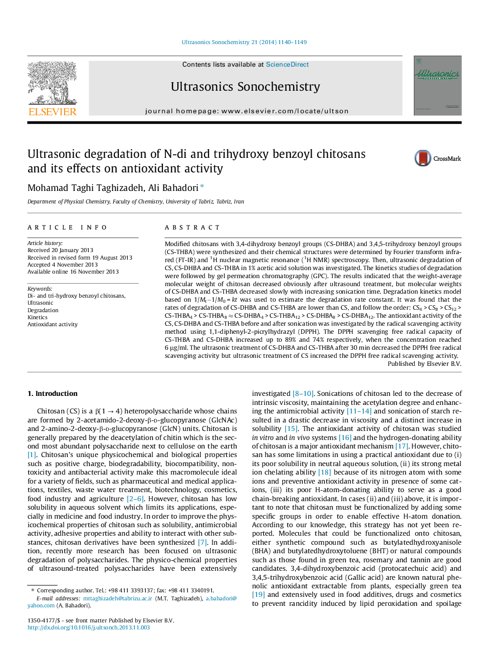 Ultrasonic degradation of N-di and trihydroxy benzoyl chitosans and its effects on antioxidant activity