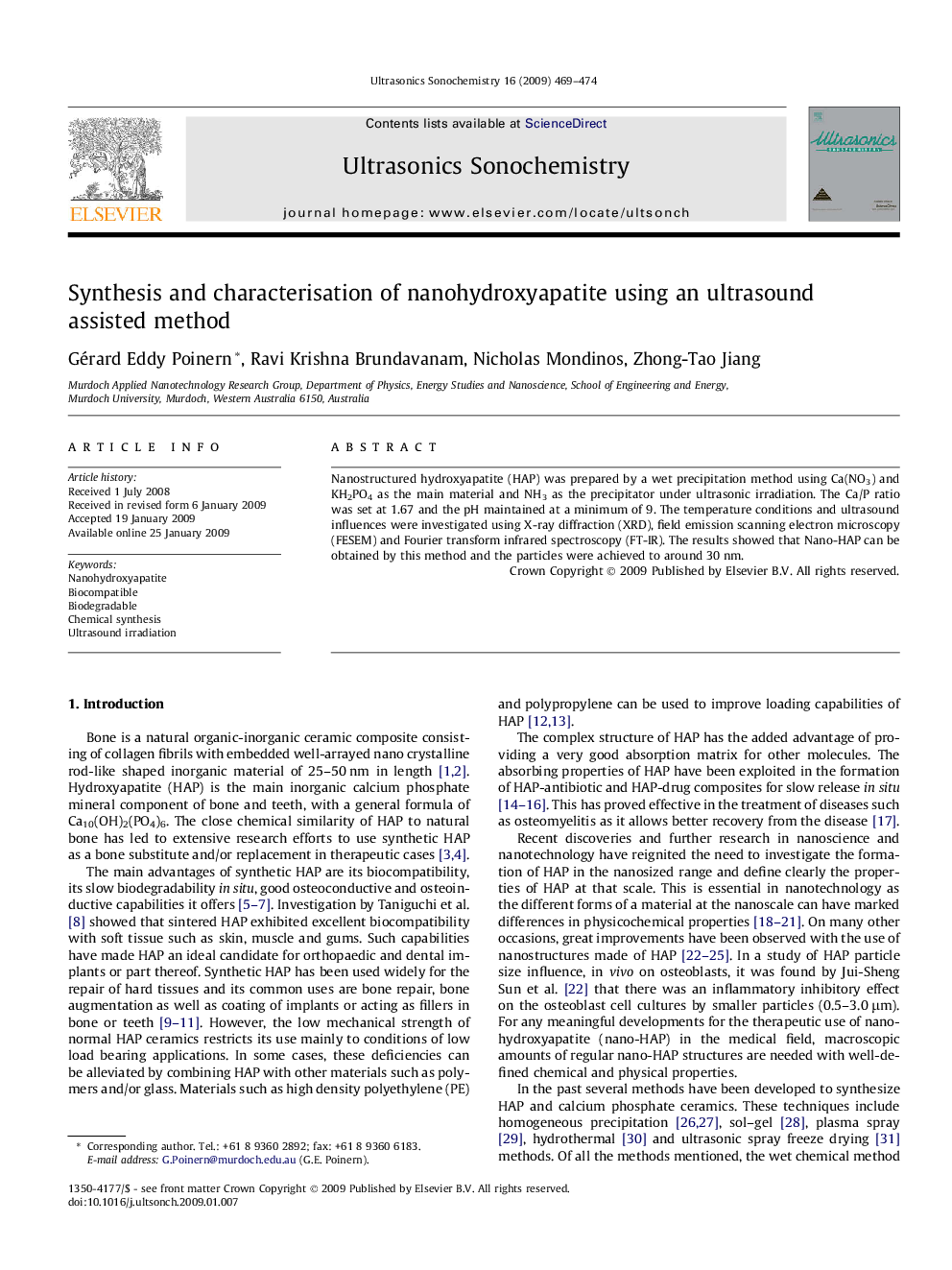 Synthesis and characterisation of nanohydroxyapatite using an ultrasound assisted method