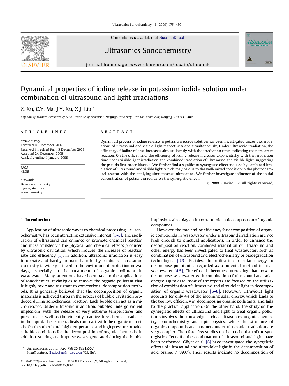 Dynamical properties of iodine release in potassium iodide solution under combination of ultrasound and light irradiations