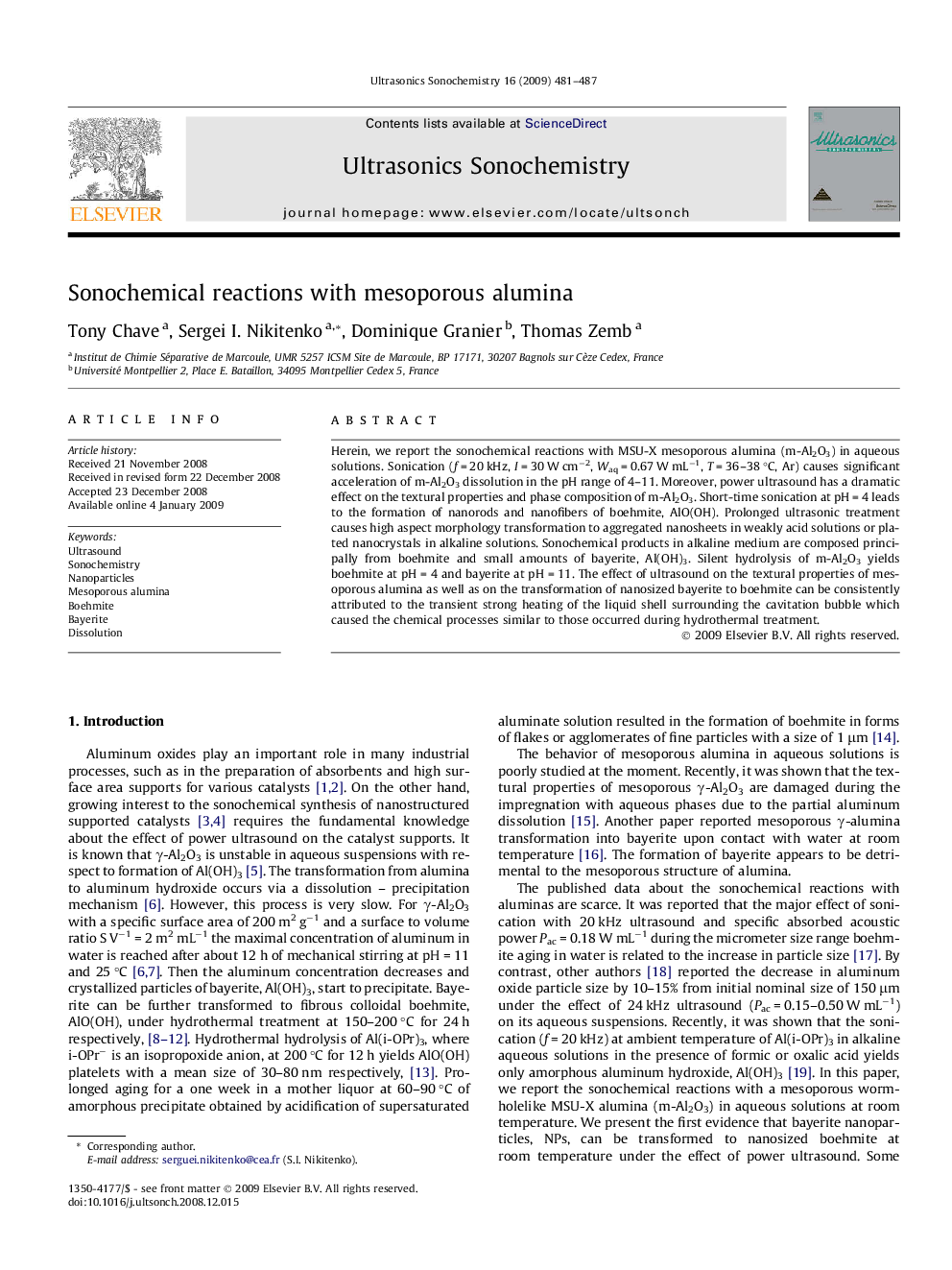 Sonochemical reactions with mesoporous alumina