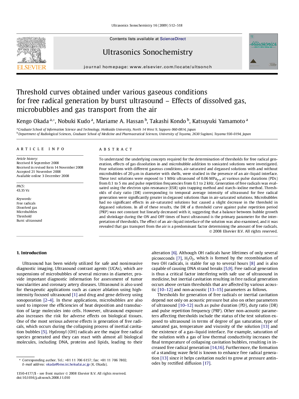 Threshold curves obtained under various gaseous conditions for free radical generation by burst ultrasound – Effects of dissolved gas, microbubbles and gas transport from the air