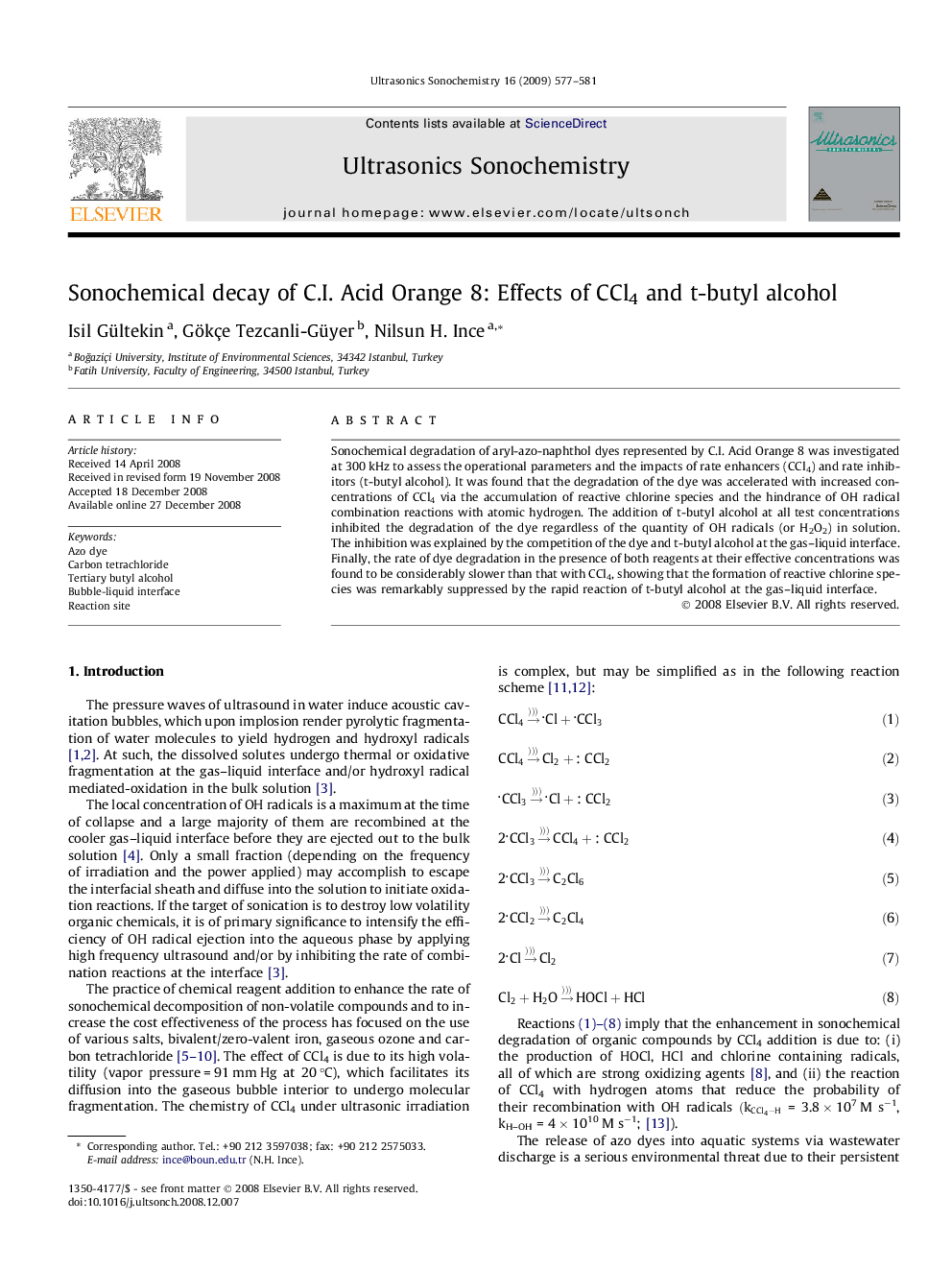 Sonochemical decay of C.I. Acid Orange 8: Effects of CCl4 and t-butyl alcohol