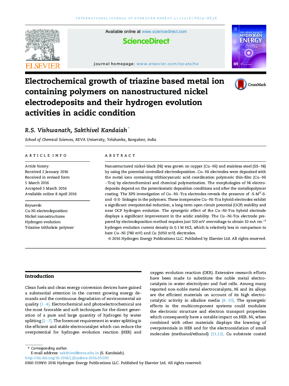 Electrochemical growth of triazine based metal ion containing polymers on nanostructured nickel electrodeposits and their hydrogen evolution activities in acidic condition