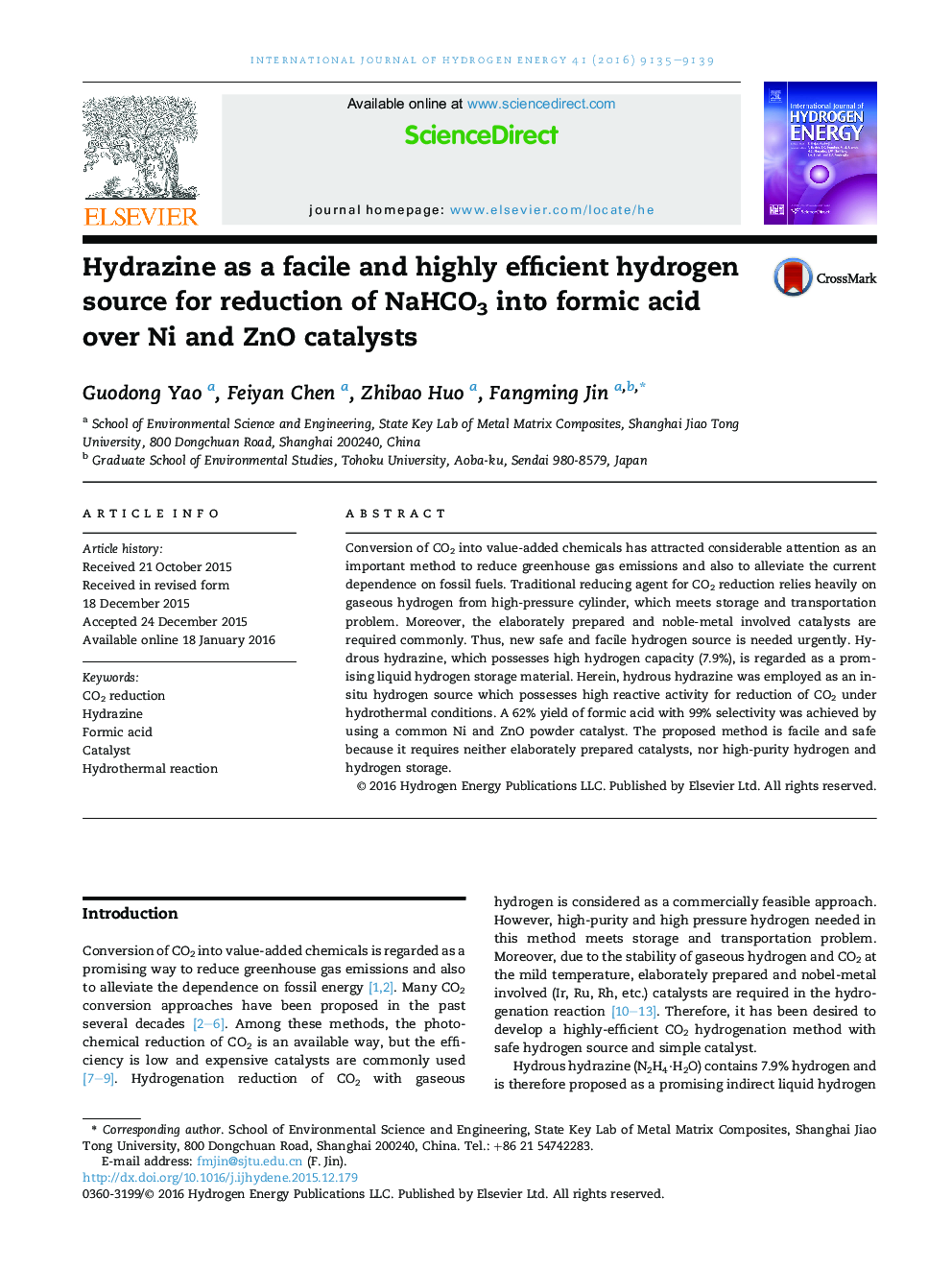 Hydrazine as a facile and highly efficient hydrogen source for reduction of NaHCO3 into formic acid over Ni and ZnO catalysts